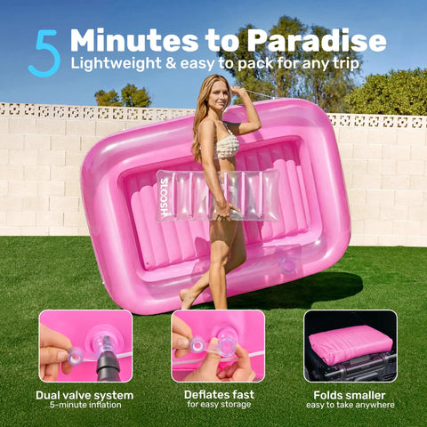 Woman holding Inflatable Tanning Pool Lounger with Pillow 70 by 46 Inches, pink water-filled float in backyard