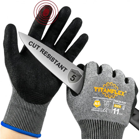 Cut Resistant Work Gloves ANSI A5 With Sandy Nitrile Grip And 3D Comfort Fit Breathable Design Touchscreen Compatible And Machine Washable Non Slip Heavy Duty Grey Size Large holding knife.