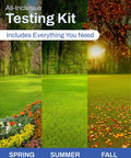 Seasonal garden with spring flowers, lush summer lawn, and fall foliage, highlighting soil test kit with mail in lab analysis for pH.