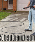 Person using 50 Ft PVC Pressure Washer Hose With 3400 Max PSI For Gas And Electric Washers, Flexible and durable.