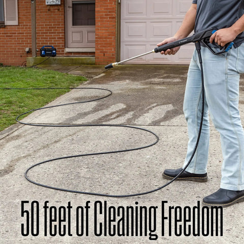 Person using 50 Ft PVC Pressure Washer Hose With 3400 Max PSI For Gas And Electric Washers, Flexible and durable.