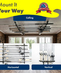 Versatile Fishing Rod Holder for Garage Organization and Wall Storage shows rods stored horizontally and vertically.