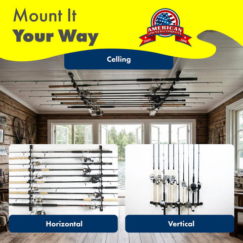 Versatile Fishing Rod Holder for Garage Organization and Wall Storage shows rods stored horizontally and vertically.