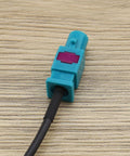 Close-up of Fakra Z Male To Male Vehicle Antenna Adapter Cable 30 cm connector, RG174 coaxial for DAB GPS FM antennas.