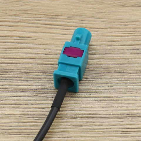 Close-up of Fakra Z Male To Male Vehicle Antenna Adapter Cable 30 cm connector, RG174 coaxial for DAB GPS FM antennas.
