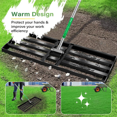 Extra Wide Lawn Leveler Rake With Heavy Duty Yard Leveling Tool 48 By 10 Inch Adjustable Steel Extendable Handle Ideal For Garden Golf Lawn And Farm Smooths Soil Removes Stones Fixes Slopes in use on soil