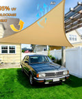 Triangle Shade Sail 12x12x12 Feet UV Blocking Breathable Fabric with Fade Resistant Ropes installed over car and yard in sand color