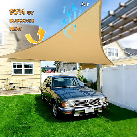 Triangle Shade Sail 12x12x12 Feet UV Blocking Breathable Fabric with Fade Resistant Ropes installed over car and yard in sand color