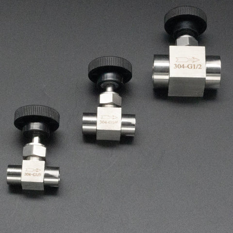 Angled front view of three 1/2-inch 304 stainless steel needle valves with BSPP female threads and knurled black knobs.