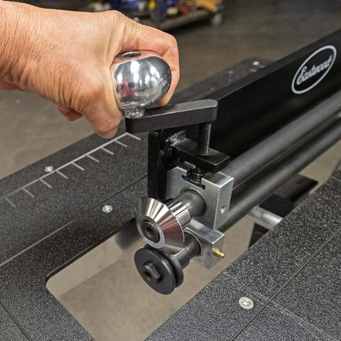 Bead Roller Knob Kit For Eastwood 19 Inch Bead Roller in use, showing ergonomic billet aluminum knob and redesigned bearing block for metal fabrication.