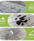 Close-up showing waterproof, oilproof, and scratch-resistant features of Brown Round Outdoor Fitted Tablecloth With Umbrella Hole Waterproof Wipeable Zippered Patio Table Cover For Picnic Patio Garden Fits Most 36 To 44 Inch Round Tables Easy Install And Easy Clean.