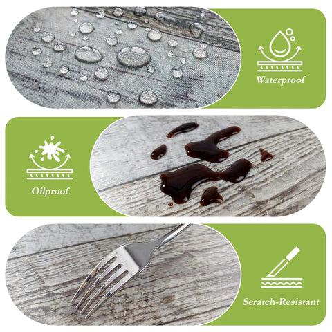 Close-up showing waterproof, oilproof, and scratch-resistant features of Brown Round Outdoor Fitted Tablecloth With Umbrella Hole Waterproof Wipeable Zippered Patio Table Cover For Picnic Patio Garden Fits Most 36 To 44 Inch Round Tables Easy Install And Easy Clean.