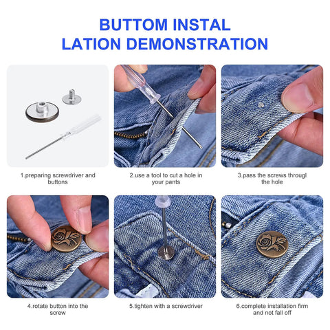 Step-by-step guide for 12 Set Adjustable Jean Button Kit 20mm No Sew Instant Metal Button Replacement installation.