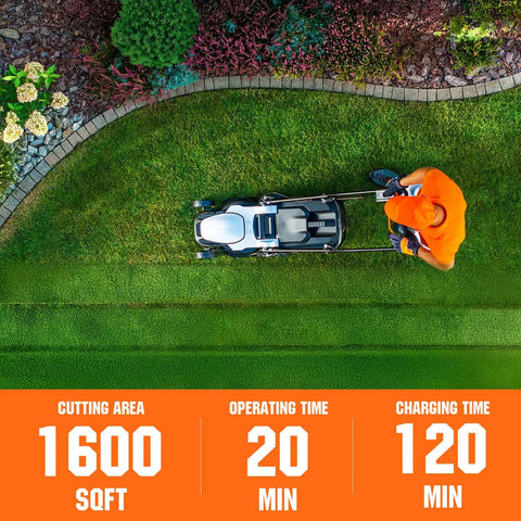 Top view of cordless electric lawn mower with brushless motor cutting grass, highlighting 1600 sq ft mowing area