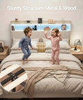 Queen Size Upholstered Bed Frame With Built In Charging Headboard And Hidden Storage Shelves Beige Platform Base featuring kids jumping on bed.