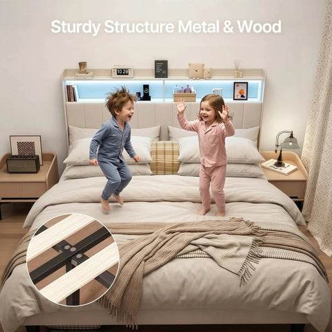Queen Size Upholstered Bed Frame With Built In Charging Headboard And Hidden Storage Shelves Beige Platform Base featuring kids jumping on bed.