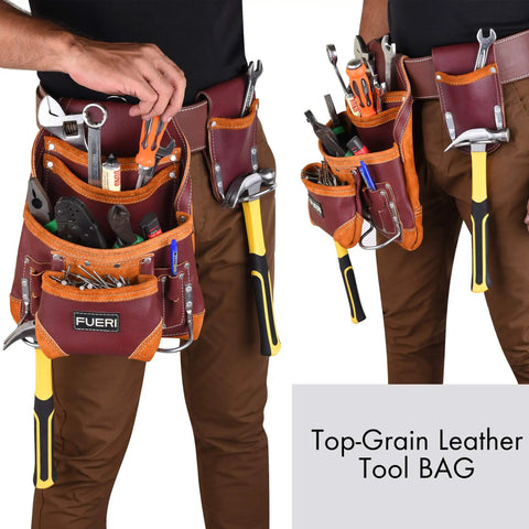 Maroon Leather Tool Pouch With Triple Hammer Holders And 10 Pockets For Construction Pros Carpenters Electricians Framers And Garden Work Built To Last Heavy Gauge 2.5-2.75mm Leather shown worn by person with tools.