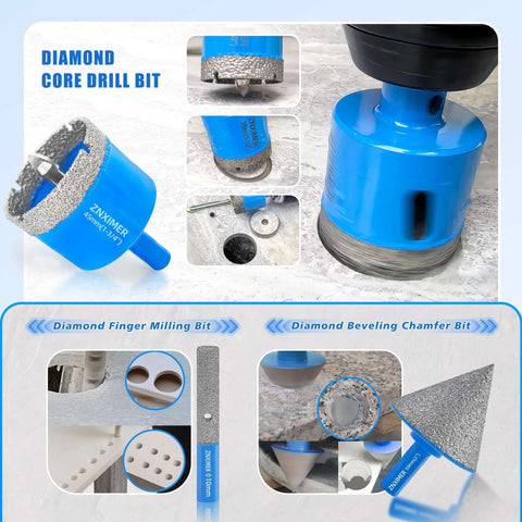 Blue ZNXIMER diamond core drill bit kit with pilot bit for tile, marble and granite; multiple sizes