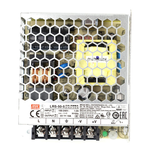 Front view of 5V 10A 50W Switching Power Supply with Single Output, 1U low-profile design and wide AC input, compact enclosure