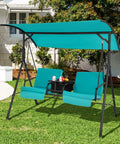 Two Person Porch Swing With Pivot Storage Table And Cooler Bag, Dual Cup Holders, Removable Cushions, Adjustable Canopy, Outdoor Patio Swing For Backyard Balcony Or Poolside, Turquoise