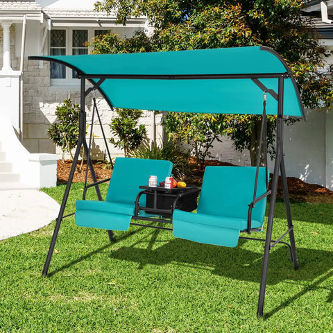 Two Person Porch Swing With Pivot Storage Table And Cooler Bag, Dual Cup Holders, Removable Cushions, Adjustable Canopy, Outdoor Patio Swing For Backyard Balcony Or Poolside, Turquoise