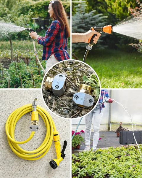 Four Pack Hose Repair Kit For Garden And Water Hoses, Heavy Duty Aluminum Fittings With Zinc Alloy Clamps, Fits 3/4 Inch And 5/8 Inch Hoses in use.