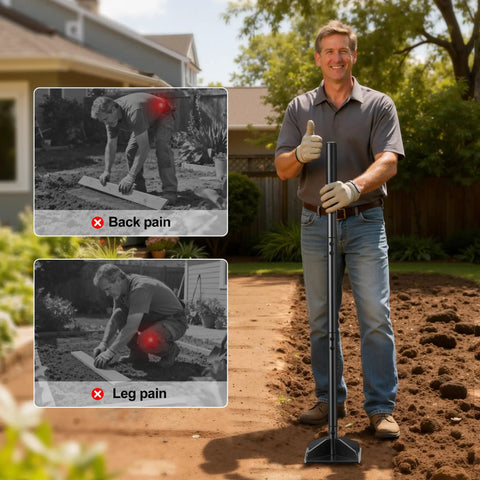 Man using Heavy Duty Steel Garden Tamper With 48 Inch Handle And Rubber Grip For Soil Gravel Asphalt And Lawn A True Workhorse