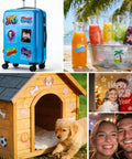 Collage with stickers on a suitcase, juice bottles, dog house, New Year decor, and a couple; showcasing 60 Sheets Sublimation Sticker Paper 8.5x11 Glossy Transparent Waterproof Vinyl For Inkjet Printers And Heat Press No White Border High Clarity For Mugs, Labels, And DIY Projects.