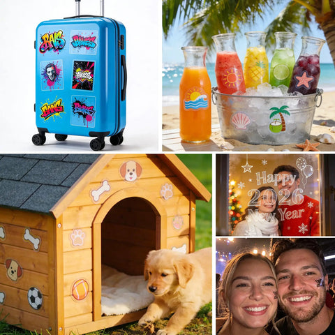 Collage with stickers on a suitcase, juice bottles, dog house, New Year decor, and a couple; showcasing 60 Sheets Sublimation Sticker Paper 8.5x11 Glossy Transparent Waterproof Vinyl For Inkjet Printers And Heat Press No White Border High Clarity For Mugs, Labels, And DIY Projects.
