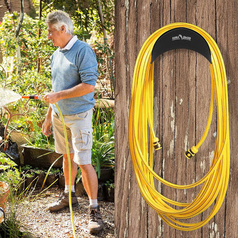 Man using garden hose with Space Saving Wall Mount Hose Holder Set Heavy Duty Metal Garden Water Hose Hanger That Holds Up To 125 Feet