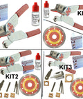 Image of Hand Held Ceramic Tile Cutter With Replaceable Carbide Wheel For Curves And Straight Lines Cuts Around Toilets And Fixtures Oil Lubricated, different kits displayed.