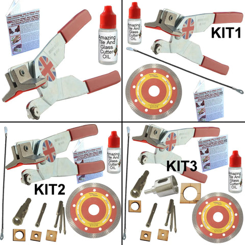 Image of Hand Held Ceramic Tile Cutter With Replaceable Carbide Wheel For Curves And Straight Lines Cuts Around Toilets And Fixtures Oil Lubricated, different kits displayed.