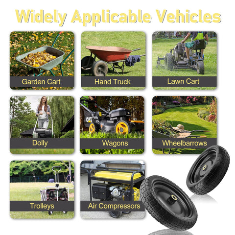Various vehicles like garden carts, hand trucks, and wagons compatible with 13 Inch Flat Free Wheel Set With 5/8 Inch Bearings and 2.17 Inch Offset Hub