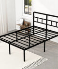 Built Tough 18 Inch Queen Metal Bed Frame With Attached Headboard, showing sturdy black slats and headboard setup.