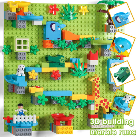 Game Changing 812 Piece Building Blocks Kit Featuring Self Adhesive Wall Baseplates And Interconnected Marble Run Tracks For Kid Approved STEM Projects And No Fuss Setup, colorful blocks and tracks on a green base.