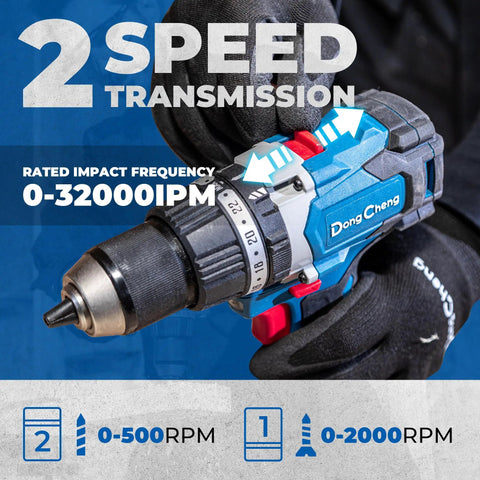 Close-up of 20V Brushless Hammer Drill Kit with 4Ah Battery, featuring dual speed and metal chuck, held by a person wearing gloves.