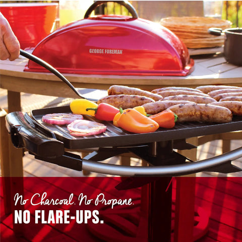 Indoor Outdoor Electric Grill With Nonstick Griddle Plate And Fat Reduction Drip Tray Twelve Plus Servings On A 200 Square Inch Surface Portable Apartment Friendly Barbecue For Easy Weekend Grilling cooking sausages and peppers