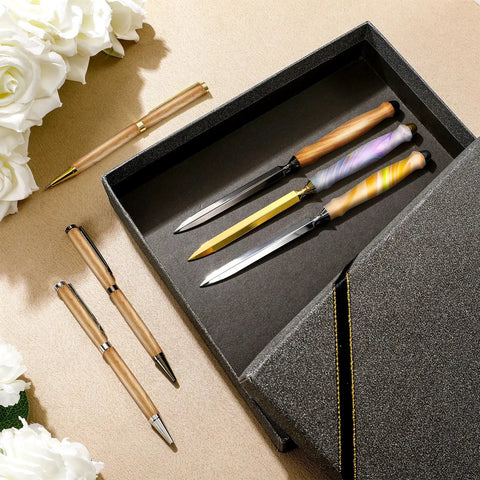 Six Piece Tight 7mm Woodcraft Kit Featuring Letter Openers And Slim Pen Tools For Envelope Slitting Plus Paper Mail Openers Fresh Handmade DIY Gear For Guys And Holiday Giving in a gift box with tools.