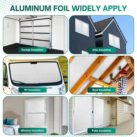 Beefy Reflective Window Insulation Roll Knockout Heat Blocker And Draft Stopper shown for garage, attic, RV, roof, window, and patio insulation.