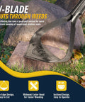 Close-up of Workhorse Triangle Garden Hoe with V-blade cutting through weeds, demonstrating its oscillating motion for efficient weeding.