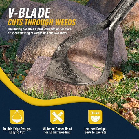 Close-up of Workhorse Triangle Garden Hoe with V-blade cutting through weeds, demonstrating its oscillating motion for efficient weeding.