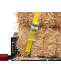 Beefy 2 Inch By 40 Foot Heavy Duty Ratchet Tie Down With J Hooks And Extra Long Handle securing hay bales on trailer