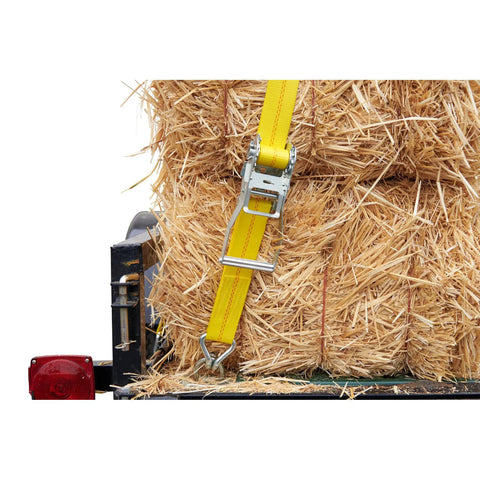 Beefy 2 Inch By 40 Foot Heavy Duty Ratchet Tie Down With J Hooks And Extra Long Handle securing hay bales on trailer