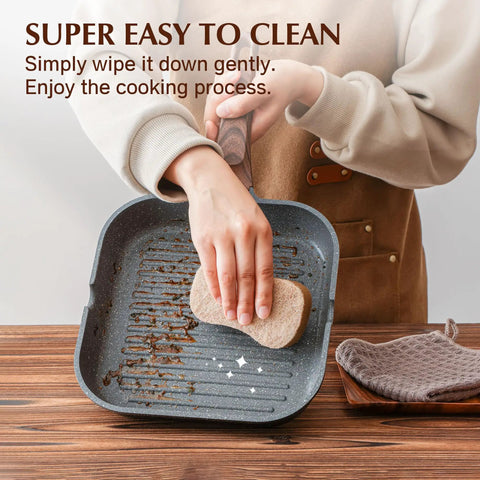 Person cleaning Nonstick Grill Pan For Stove Tops With Pour Spouts, Square 9.5 Inch Griddle, Durable Skillet on wooden surface.