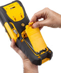 Built Tough Portable Handheld Label Maker With Rechargeable Battery For Multi Line Wire Tagging And Panel Identification Includes Hard Shell Case Usb Charger And Pre Loaded Ribbon, battery compartment being opened.