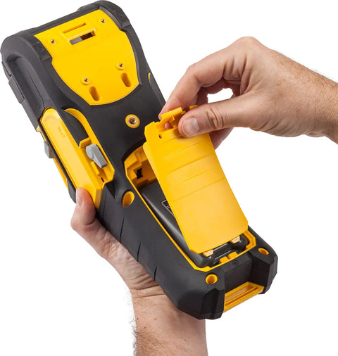 Built Tough Portable Handheld Label Maker With Rechargeable Battery For Multi Line Wire Tagging And Panel Identification Includes Hard Shell Case Usb Charger And Pre Loaded Ribbon, battery compartment being opened.