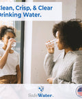 Two people drinking water, promoting RO Essentials Replacement Kit for 10 Inch 3 Stage Home Systems Includes 2 Premium Carbon Block Filters and 1 Premium Sediment Filter Made in USA NSF Certified to Reduce Chlorine Taste Odor Sediment and Harsh Chemicals.