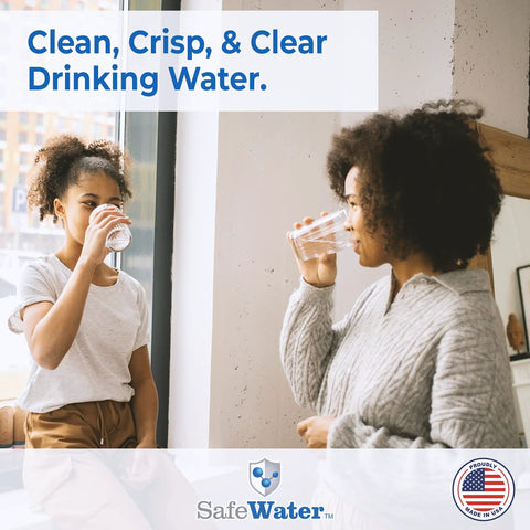 Two people drinking water, promoting RO Essentials Replacement Kit for 10 Inch 3 Stage Home Systems Includes 2 Premium Carbon Block Filters and 1 Premium Sediment Filter Made in USA NSF Certified to Reduce Chlorine Taste Odor Sediment and Harsh Chemicals.