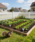 Rustproof Metal Garden Fence 17 Inch By 10 Feet No Dig Animal Barrier Ten Panel Set in garden with leafy plants and a squirrel.