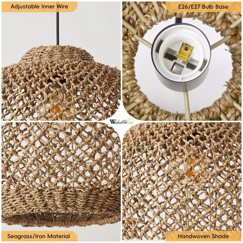 Close-up details of Seagrass Boho Chic Vibe Chandelier Hanging Lamp Natural Rattan Weaving Single Light Fixture Rustic Round Pendant